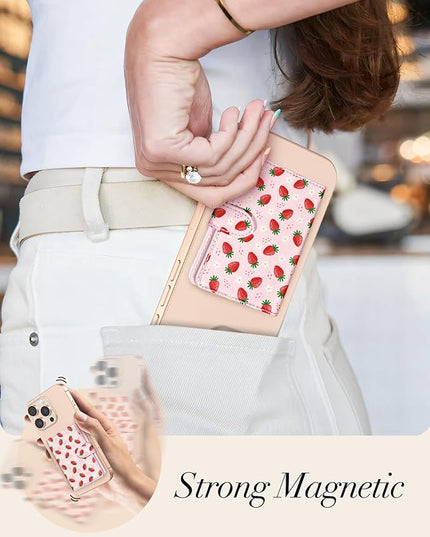 Shorogyt for Magnetic Phone Wallet Compatible with Magsafe Card Holder -Cute Luxury Slim Leather Mag Wallets for Women Fit 4 Cards,for iPhone 17/16/15/14/13/12 Series for Apple RFID Magnet, Strawberry