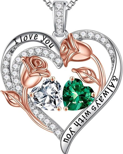 Iefil Christmas Gifts for Women Wife - 925 Sterling Silver Rose Heart Birthstone Necklace Birthday Anniversary Jewelry Gifts for Her Wife Mom Daughter