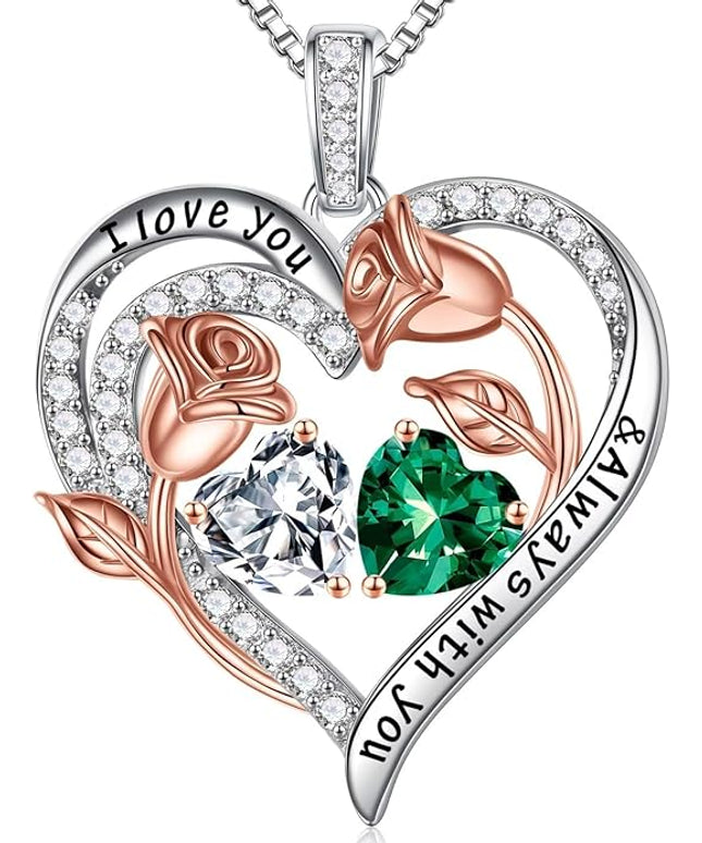 Iefil Christmas Gifts for Women Wife - 925 Sterling Silver Rose Heart Birthstone Necklace Birthday Anniversary Jewelry Gifts for Her Wife Mom Daughter