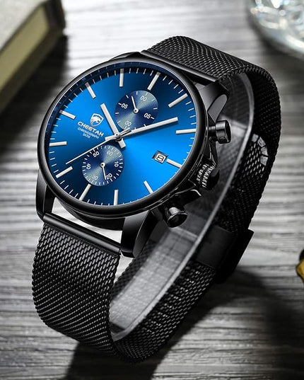 GOLDEN HOUR Mens Watch Fashion Sleek Minimalist Quartz Analog Mesh Stainless Steel Waterproof Chronograph Watches for Men with Auto Date