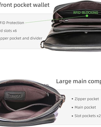 Iswee Leather Crossbody Bags for Women Multi Pockets Medium Shoulder Bag Lightweight Functional Travel Purse