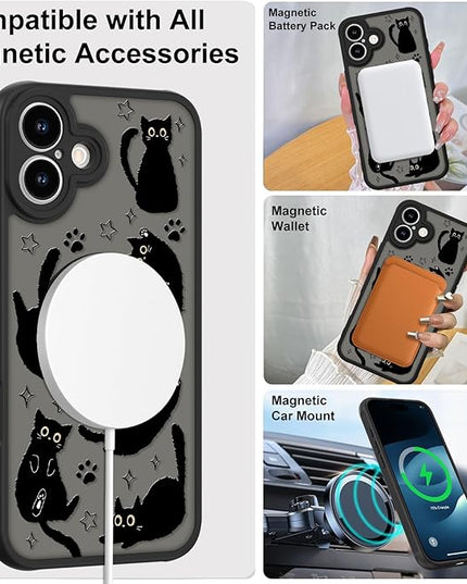 Cute Magnetic Case for iPhone 17 Case [ Compatible with MagSafe ] with Black Cats Cat Pattern Design for Women Girls Boys, Soft Bumper Hard Back Kawaii Animal Protective Phone Cover