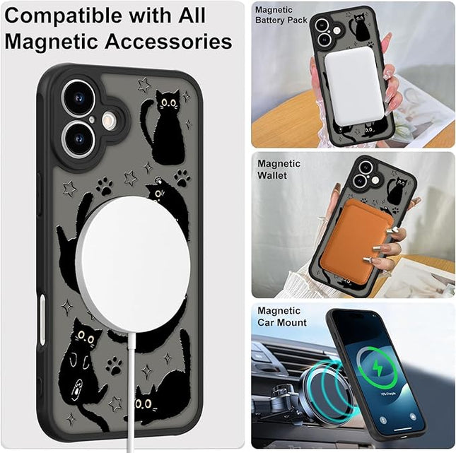 Cute Magnetic Case for iPhone 17 Case [ Compatible with MagSafe ] with Black Cats Cat Pattern Design for Women Girls Boys, Soft Bumper Hard Back Kawaii Animal Protective Phone Cover