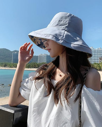HUAMULAN Women Summer Sun Hat Wide Brim Wired Edge Floral Beach Bucket Hats Reversible Foldable Travel UV Protection Lady Hat