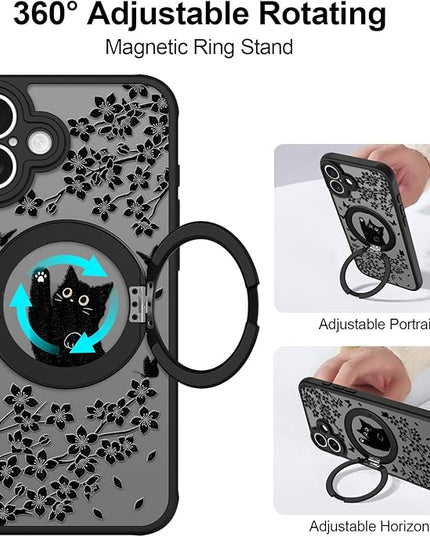 Cute Case for iPhone 16 Case with Stand [ Compatible with MagSafe ] Kawaii Black Cat & Floral & Butterflies Pattern Design 360 Magnetic Ring Kickstand Phone Cover for Women Girls Boys