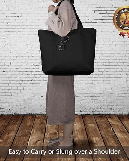 TOPDesign 1-Pack Canvas Tote Bag with an External Pocket, Reusable Grocery Shopping Bag, Top Zipper Closure, Daily Essentials (Black)