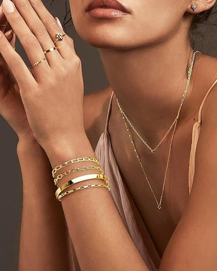 Gold Bracelets Set for Women Stack, Dainty Thick Bracelets Stack for Women Trendy, Simple Thin Gold Plated Cuff Stackable Bracelets With Beaded Cuban Paperclip Snake Rope Bangle Hand Chain Jewelry Gifts for Women Non Tainish