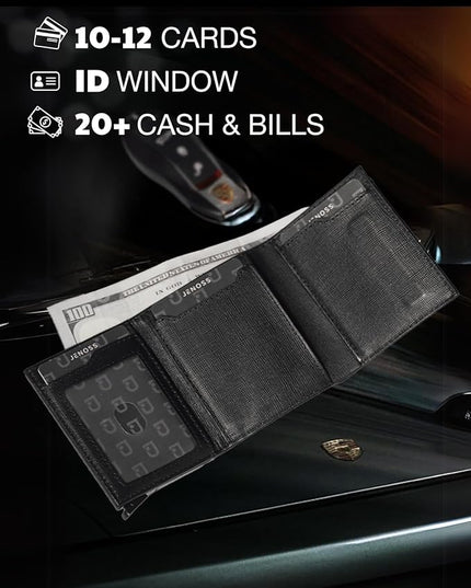 Jenoss Smart Wallet For Men: Full Grain Leather, Handcrafted, Slide Metal Pop Up Case, Slim RFID Blocking Credit Card Holder, Minimalist, Compact - 9-12 Cards Organizers | ID | Money Clip (Black)