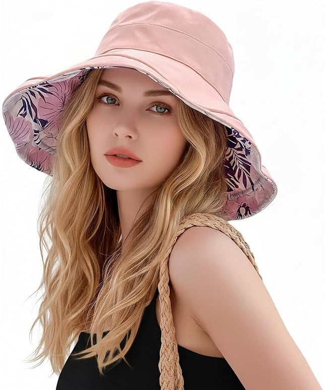 HUAMULAN Women Summer Sun Hat Wide Brim Wired Edge Floral Beach Bucket Hats Reversible Foldable Travel UV Protection Lady Hat