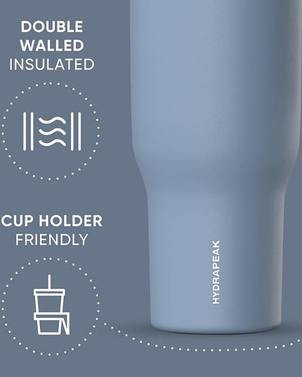 Hydrapeak Voyager 40 Oz Stainless Steel Tumbler with Handle, Insulated Water Bottle With Straw & Lid, Cupholder Friendly Reusable Travel Mug (Modern Blue)