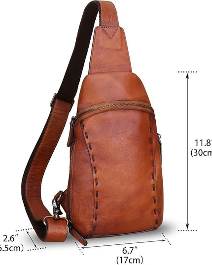 LRTO Genuine Leather Silng Bag for Women and Men Vintage Real Leather Sling Backpack Shoulder Crossbody Bag Chest Purse