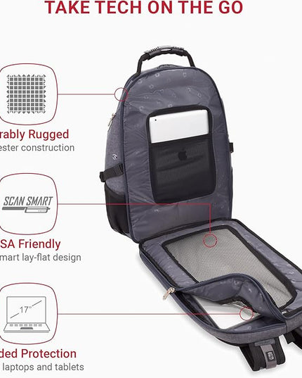 SwissGear 1900 ScanSmart 17” Laptop Backpack Grey Heather – Reflective Tech Backpack with ScanSmart Compartment – Multiple Organizer Pockets & RFID Scan Blocking Technology