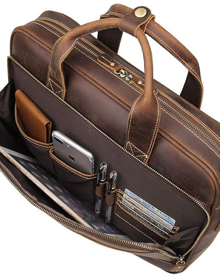 Augus Leather Messenger Bag for Men Vintage Travel Backpack 17 inch laptop Briefcase Shoulder Bags