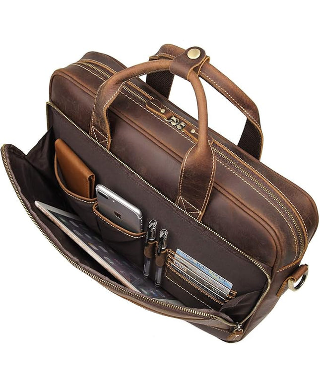 Augus Leather Messenger Bag for Men Vintage Travel Backpack 17 inch laptop Briefcase Shoulder Bags