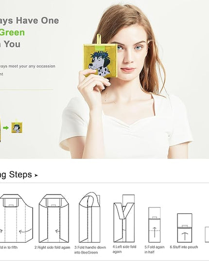 BeeGreen Animals Reusable Grocery Bags Reusable Kitchen Bags Bulk Foldable-Machine Washable with Zipper Storage Pouch 6 Packs