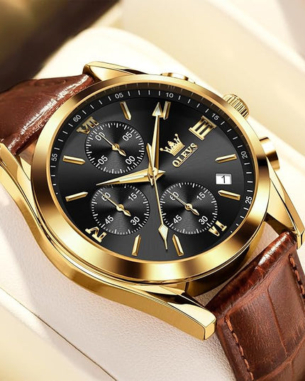OLEVS Men's Chronograph Leather Watch, Big Face Easy to Read Analog Quartz Dress Watch, Casual Waterproof Luminous Hands Date Watches for Men, White/Blue/Black/Gold Dial