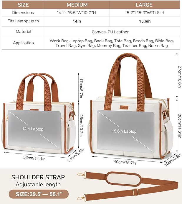 Canvas Tote Bag for Women, 15-Pockets Work Laptop Tote Purse Large Crossbody Nurse Teacher Bible Bag for School Travel Daily | with Strap & Zipper, Multi Compartment, Stand Upright Stably, College Shoulder Bag, Clinical Nursing Bag, Ideal Gift for Women