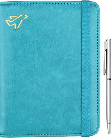 WALNEW Passport Holder for Travel, RFID Passport Cover Wallet for Women Men, PU Leather Passport Book Card Holder Case with Pen (Elastic Band Closure, C-Blue)
