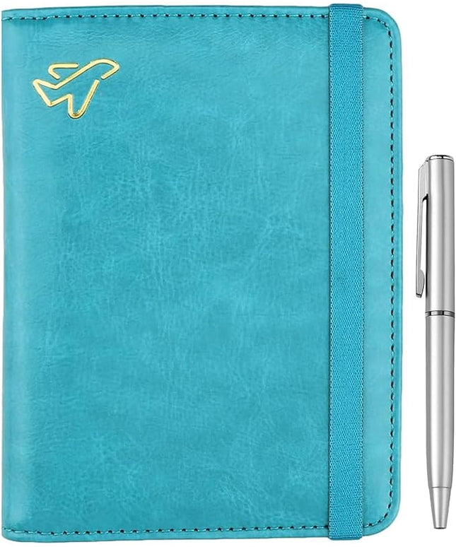 WALNEW Passport Holder for Travel, RFID Passport Cover Wallet for Women Men, PU Leather Passport Book Card Holder Case with Pen (Elastic Band Closure, C-Blue)