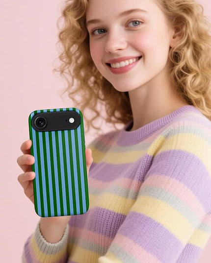 Magnetic for iPhone 17 Air Case Cute Stripes Phone Case, Shockproof Slim TPU and Hard PC Protective Phone Cover Compatible with MagSafe Designed for Women Girls, Green and Blue