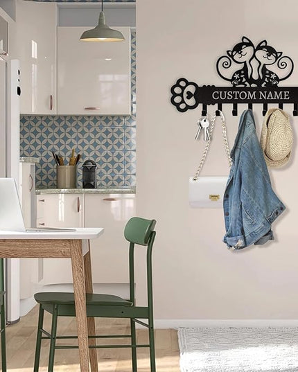 Cat Key Holder with Custom Name & Hooks - Personalized Metal Key Rack Wall Mount Art Decor for Bedroom Doorway Office