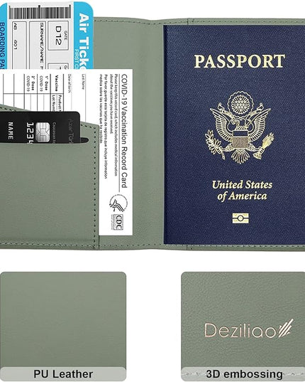 Deziliao Passport Holder,Passport Holder Card Slots, Passport and Vaccine Card Holder Combo, Cute Passport cover for Women and Men, with Waterproof Rfid Blocking, Passport Travel Wallet(Moss green)