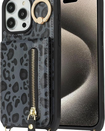 for iPhone 15 Pro Max Wallet Case with Card Holder, for iPhone 15 Pro Max Case Wallet with Strap Credit Card Slot, Crossbody Bag with Zipper Case for iPhone15 Pro Max - Black Leopard