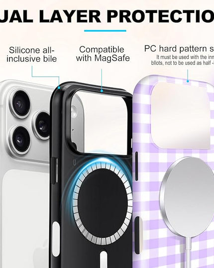 Magnetic for iPhone 17 Pro Max Case Cute Checkered Stripes Phone Case for Women Girls, Shockproof Slim TPU and Hard PC Protective Phone Cover Compatible with MagSafe Designed, Purple