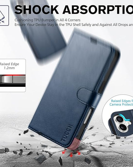 TUCCH Wallet Case for iPhone 16, [TPU Shockproof Inner Shell], Kickstand PU Leather [RFID Blocking] 4 Card Holder Magnetic Stand Protective Cover Compatible with iPhone 16 5G, Dark Blue