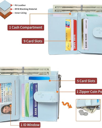GAEKEAO Small Wallets for Women Leather RFID Blocking Bifold Zipper Pocket Wallet Card Case Purse with ID Window