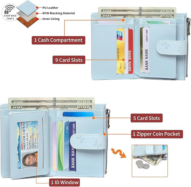 GAEKEAO Small Wallets for Women Leather RFID Blocking Bifold Zipper Pocket Wallet Card Case Purse with ID Window