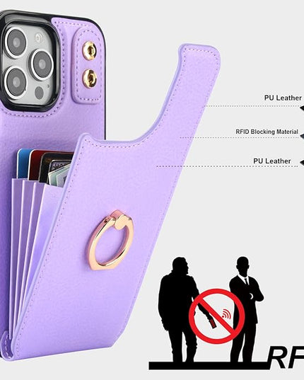 Folosu Compatible with iPhone 16 Pro Max Case Wallet with Card Holder, 360°Rotation Finger Ring Holder Kickstand, RFID Blocking Leather Protective Double Buttons Shockproof Cover 6.9 Inch Purple