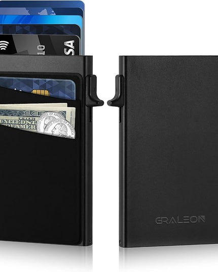 Slim Card Holder Wallet for Men with 12 Card Slots,RFID Blocking Pop Up men's wallet,Metal Wallet with Superelastic Material Expandable Front Pocket Perfectly holds cards,bills,and coins(Black)