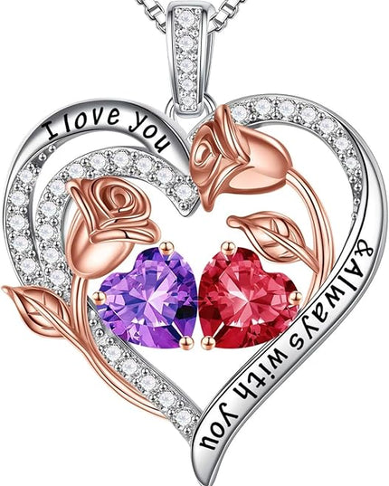 Iefil Christmas Gifts for Women Wife - 925 Sterling Silver Rose Heart Birthstone Necklace Birthday Anniversary Jewelry Gifts for Her Wife Mom Daughter