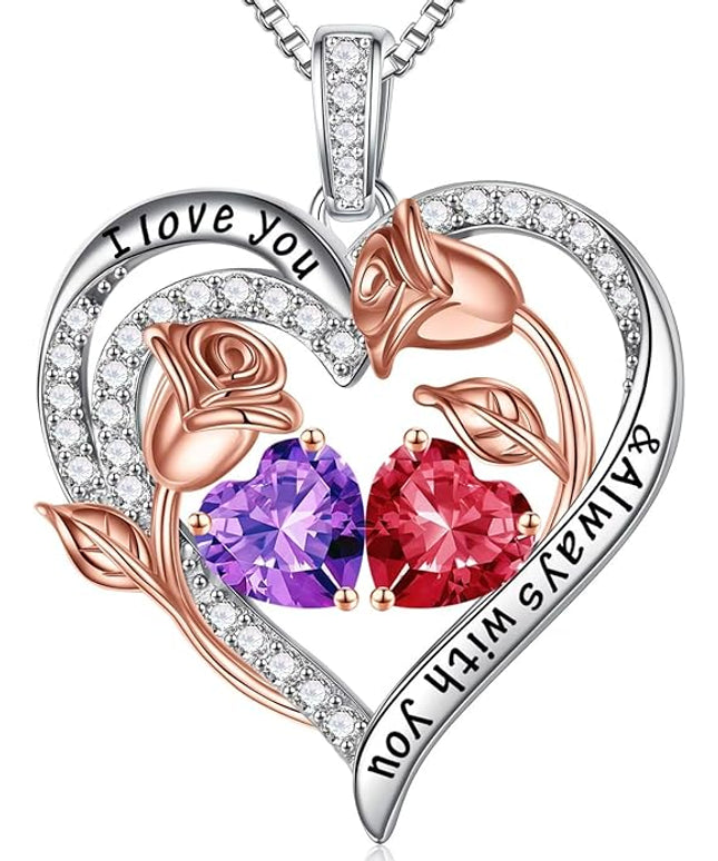 Iefil Christmas Gifts for Women Wife - 925 Sterling Silver Rose Heart Birthstone Necklace Birthday Anniversary Jewelry Gifts for Her Wife Mom Daughter