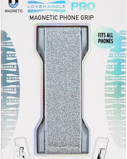 LOVEHANDLE PRO Premium Phone Grip - Elastic Phone Strap - Magnetic Phone Mount and Kickstand for Smartphone and Tablet - Silver Glitter
