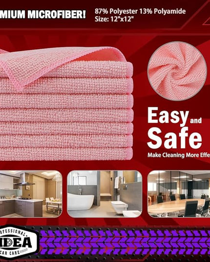 AIDEA Microfiber Cleaning Cloth Pink 20PK, Microfiber Towels for Cars, Premium Car Cloths, Dusting Cloth Lint Free Cleaning Rags for SUVs, House, Kitchen, Window, Workshops,12×12"