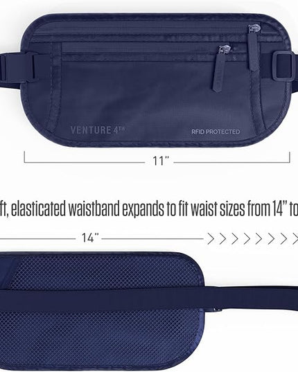 VENTURE 4TH Money Belt for Travel – Hidden Under-Clothes RFID Blocking Passport Holder & Slim Travel Wallet Pouch for Men & Women to Protect Cash, Cards & Documents (Sleek Navy Blue)