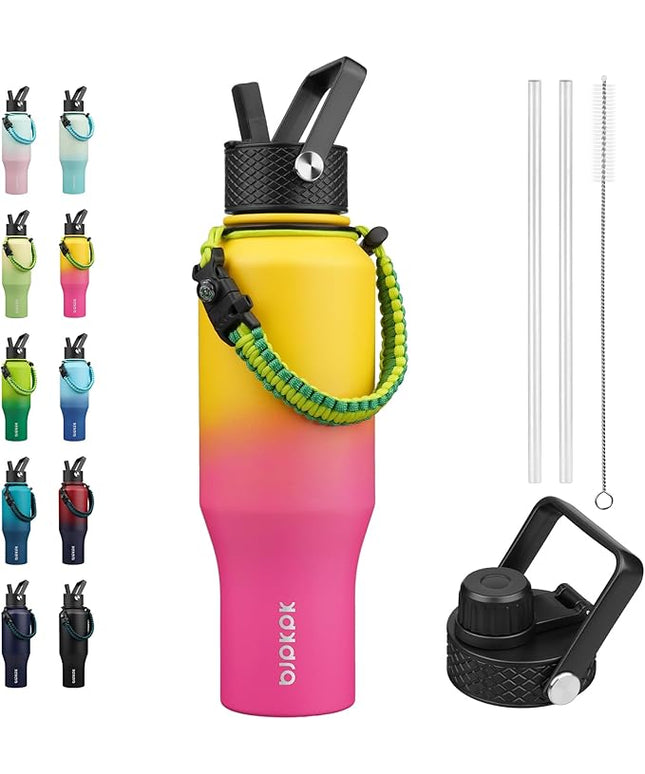 BJPKPK Insulated Water Bottles with Straw Lid, 35oz Metal Water Bottle with 2 lids & Paracord Strap, Double Wall Stainless Steel Vacuum Tumblers, Cups, Thermo for Hot& Cold Drinks, Pink & Yellow Rose
