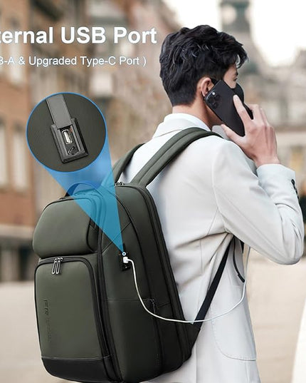 FENRUIEN 17 Inch Travel Backpack Green, Expandable Water Resistant Computer Backpack with USB Port, Laptop Bag for Business/College/Work