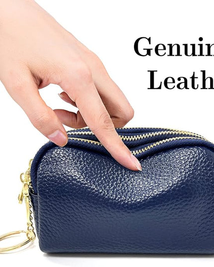 LINNO 3 Zippered Genuine Leather Coin Purse Triple Capacity Change Pouch Little Travel Wallet With Key Ring for Women
