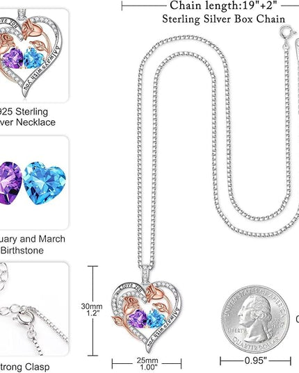 Iefil Christmas Gifts for Women Wife - 925 Sterling Silver Rose Heart Birthstone Necklace Birthday Anniversary Jewelry Gifts for Her Wife Mom Daughter