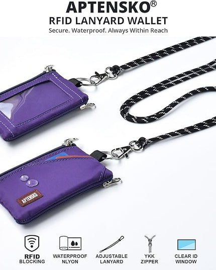 RFID Travel Wallet with Adjustable Lanyard-Zipper Small Wallet with ID Card Holder, Keychain for women&men-Minimalist Slim Waterproof Nylon case for ID, Cash, Key (Deep Purple)
