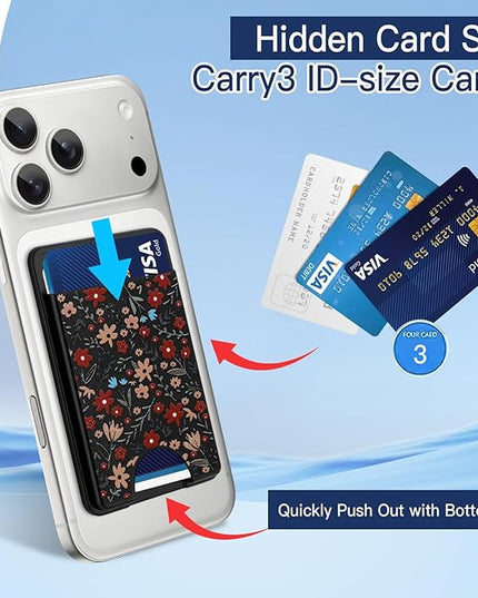 Stronger Magnetic Card Slot Wallet for iPhone 17/16/15/14/13/12 Series (Not for 13/12 Mini), Floral Pattern Hard Card Holder Fit 3 Cards Compatible with Magsafe Accessories, Black