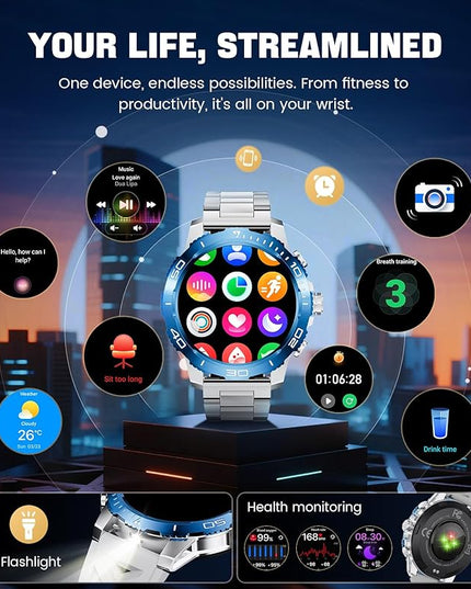 LIGE Smart Watches for Men, Make/Answer Call, 600mAH Battery, 200+ Sports Modes, 1.43" AMOLED Fitness Watch with Heart Rate/Sleep Monitor, Business Sport Smart Watch for Android iOS, Silver Blue