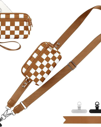 Clip and Go Strap for Phone with Wallet Crossbody, Adjustable Phone Lanyard with Detachable RFID Wristlet Wallet, Phone Strap with Phone Tabs for All Phones, Bronze Checkered (L)