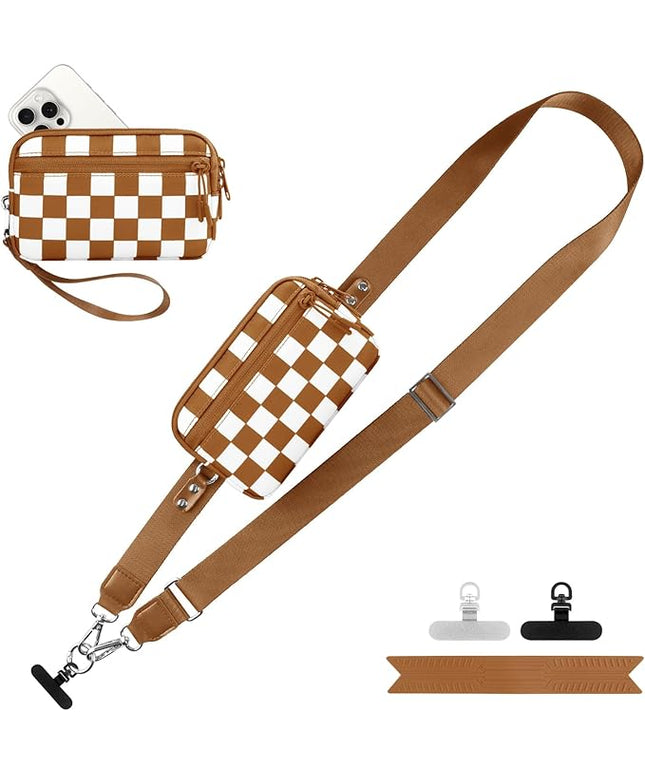 Clip and Go Strap for Phone with Wallet Crossbody, Adjustable Phone Lanyard with Detachable RFID Wristlet Wallet, Phone Strap with Phone Tabs for All Phones, Bronze Checkered (L)
