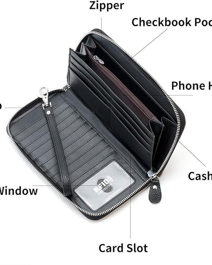 Moflycom Womens Wallet RFID Blocking Genuine Leather Multi Credit Card Large Capacity Zip Around Clutch Travel Purse Wristlet