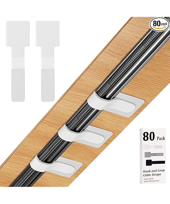 80PCS Hook and Loop Cable Straps, Cable Management Under Desk, Self Adhesive Cable Ties, Reusable Wire Organizers for Cords, Adjustable Cord Organizers for Desk, Home Office Essentials, White