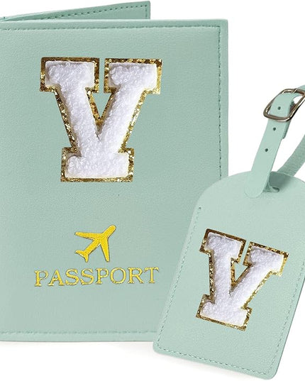 COSHAYSOO Green Passport Cover and Initial Luggage Tag Set TSA Approved with Preppy Chenille Letter Patch for Women Girl Friends, Trendy Travel Bag Backpack Suitcase Identifier Personalized Gifts (V)